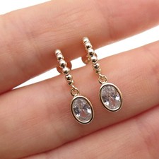 925 Sterling Silver Gold Plated Oval-Cut C Z Beaded Hoop Dangle Earrings