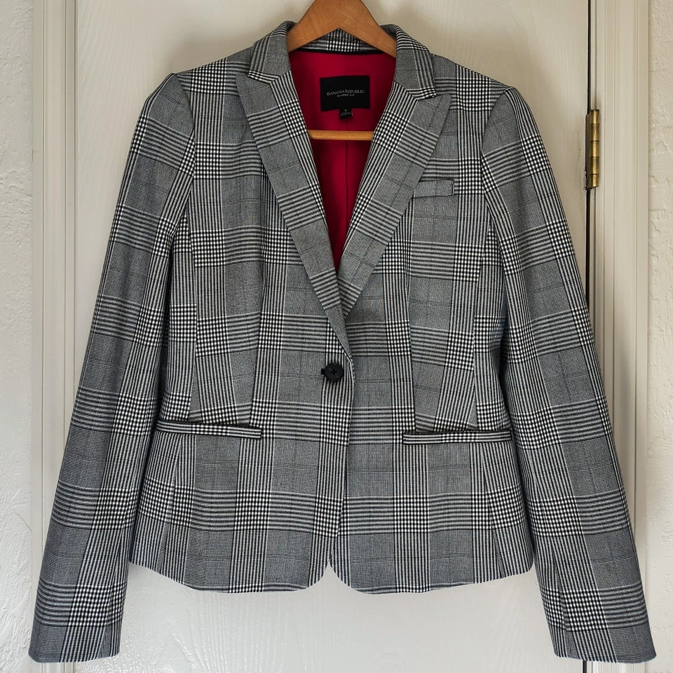 Chaqueta Blazer Mujer Talla 4 Cuadros Rojo Forro Satinado 1 Botón BANANA REPUBLIC Foto 2 de 4