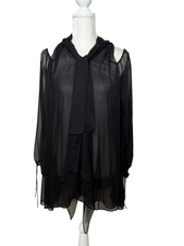 THOMAS WYLDE Black Sheer Blouse Top Balloon Sleeves Cold Shoulder High Neck