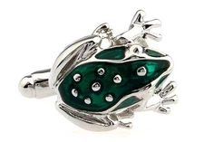 Frog Pair Cufflinks Silver Green Amphibian Wedding Gift Box & Polishing Cloth