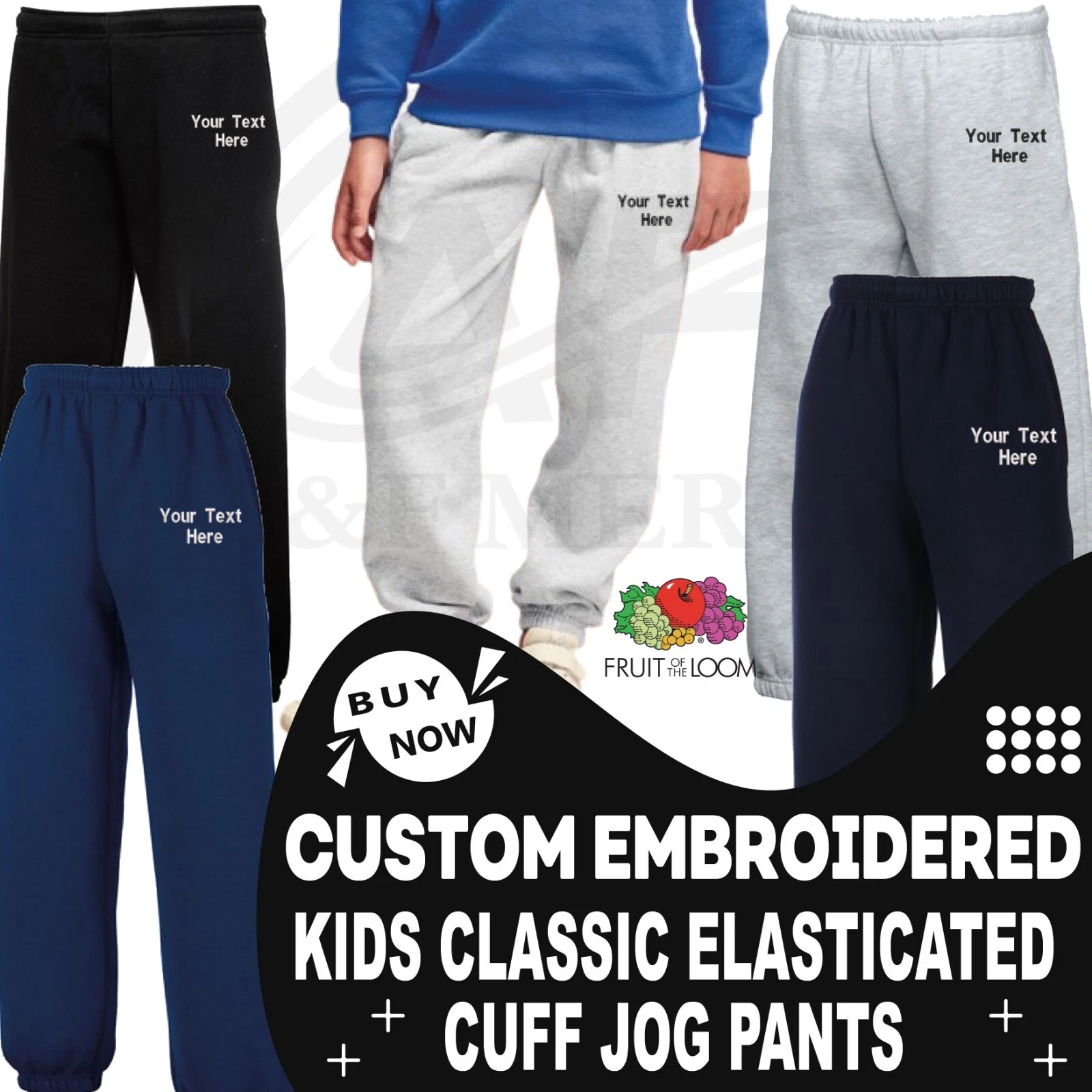 Personalised Embroidered Kids Classic Elasticated Cuff Jog Pants School Sports