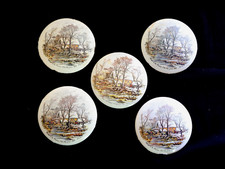 5 Vintage Currier & Ives Enamel Plates, Winter in The Country The Old Grist Mill