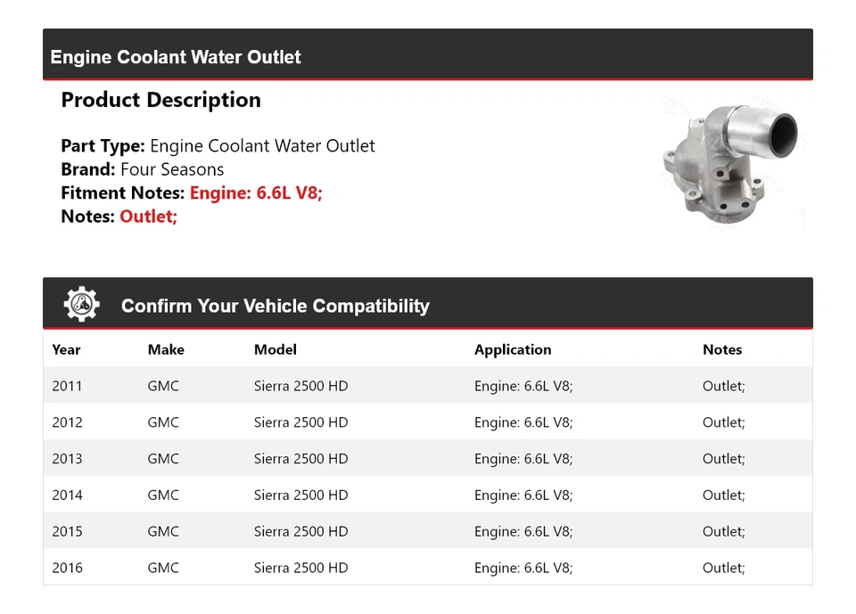 Para GMC Sierra 2500 HD 2011-2016 6,6 L V8 motor refrigerante salida de agua 4 estaciones Foto 2 de 4