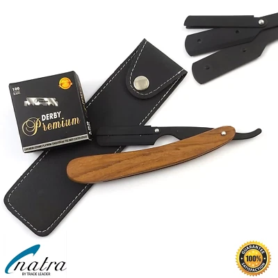 Holz Rasiermesser + 100 DERBY PREMIUM Rasierklingen Rasierer Rasur Razor NATRA - Bild 1 von 4