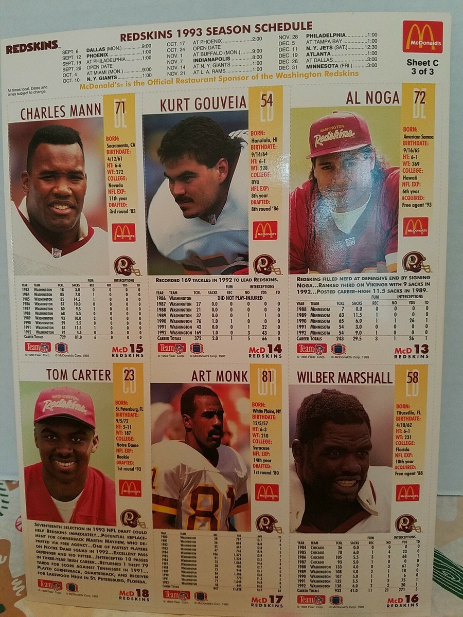 MCDONALDS LIMITED EDITION 1993 FLEER WASHINGTON REDSKINS GAMEDAY