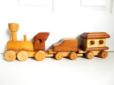 Handmade 3 Pc Wood Toy Train, 20" Vintage Sturdy Antique Steam Engine Locomotive