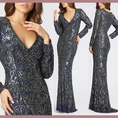 NEW $598 Mac Duggal [ 6 ] 4578 Long Sleeve Beaded V-Neck Gown Blue #Q859 |  eBay