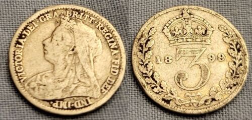 PLATA MACIZA Antigua Moneda de Tres Peniques 1899 Antigua Netflix TV Show Victoriano - Imagen 1 de 3