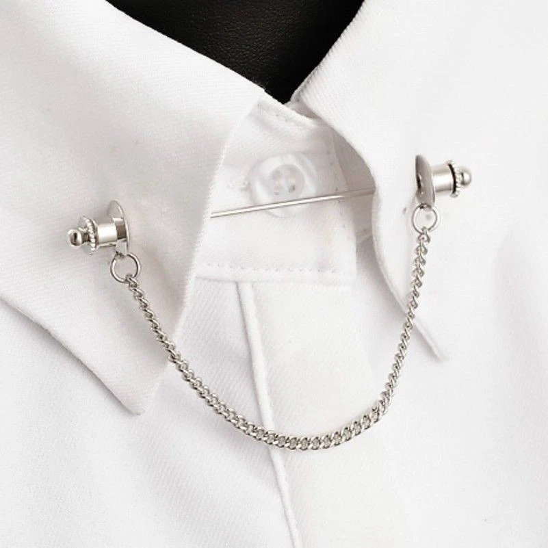 Men Silver Gold Shirt Collar Clip Bar Lapel Pin Chain Tie Brooch
