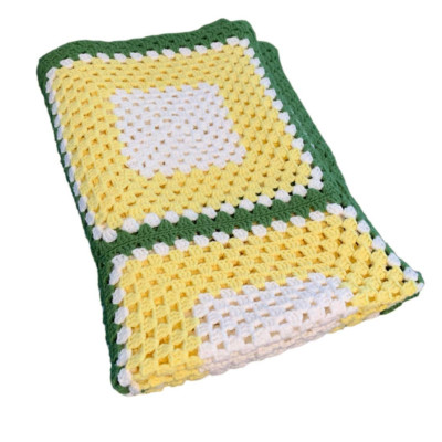Vintage Granny Square Crochet Throw 43'' x 63'' Lap Blanket Green Yellow White