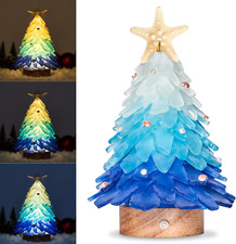 Sea Glass Christmas Tree - Handcrafted Mini Christmas Tree with LED Lights, Blue
