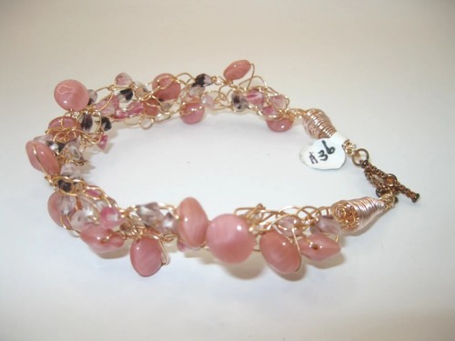 Handmade Pink Czech Glass Bracelet Crocheted Rose Gold Wire Toggle Clasp 9.5" - Picture 3 of 9