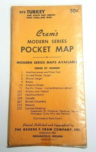 NOS Sealed Vintage 1950's Cram's Modern Series Pocket Map Turkey #375