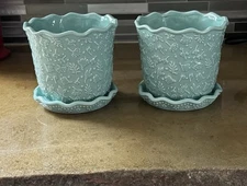 Lot 2:  Pioneer Woman Embossed Ditsy Teal Flower Pots 6"  Planter With Saucer