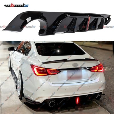 GLOSS BLACK REAR BUMPER DIFFUSER W/ V2 LED BRAKE LIGHT FOR 2018-24 INFINITI Q50
