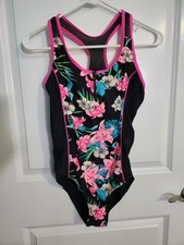 Girls Size XL 16 Zero Xposure Swimsuit and Rashguard Black Pink Tropical Flower