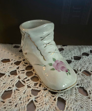VINTAGE WHITE HAND PAINTED PLANTER BABY SHOE GOLD TRIM CERAMIC