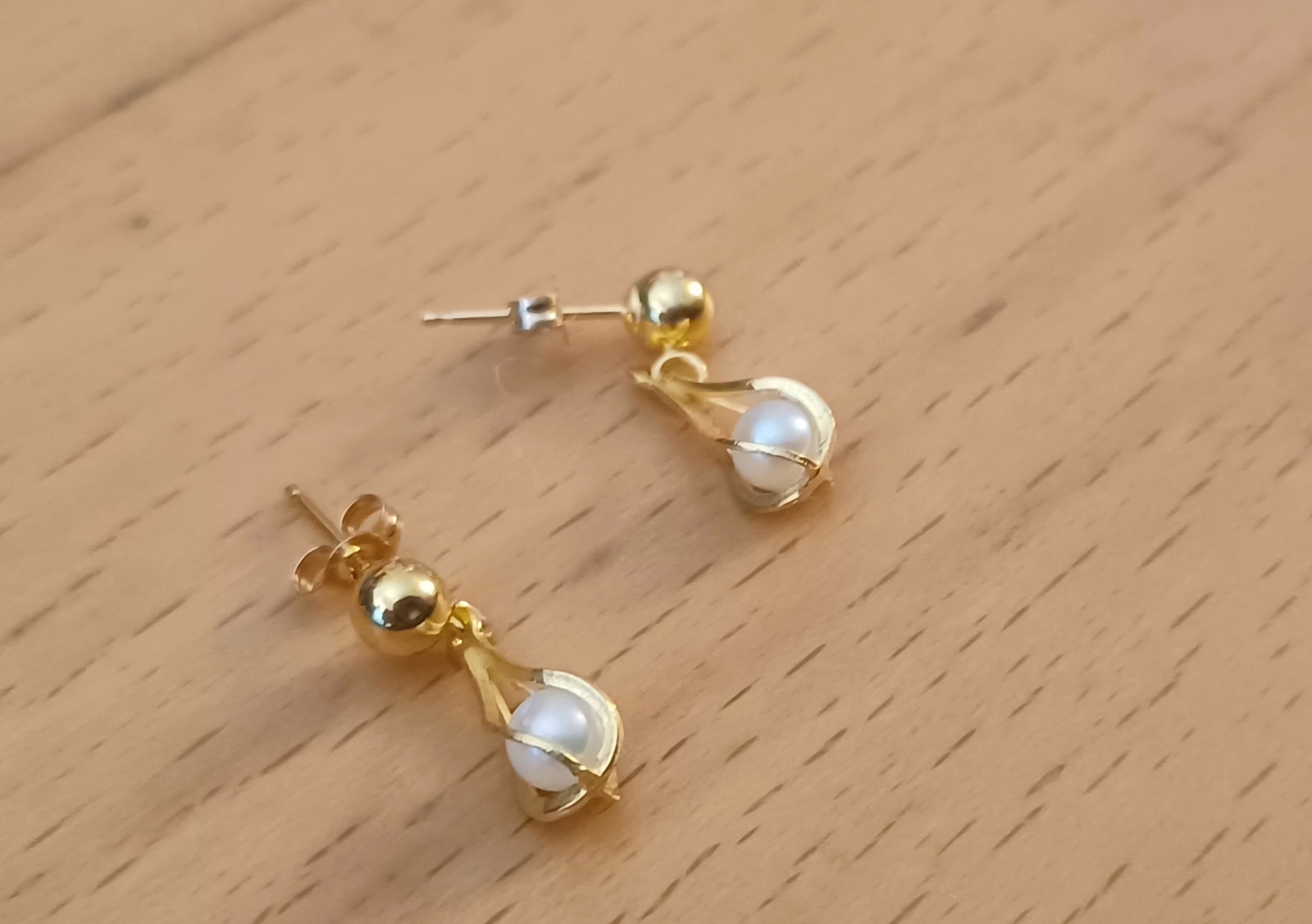 Solid 14K Gold Dangle Drop Caged Cultured Pearls … - image 2
