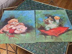 Vtg Mid Century Fluffy Kittens Art Print Litho Florence Kroger 14 X 11 Set Of 2