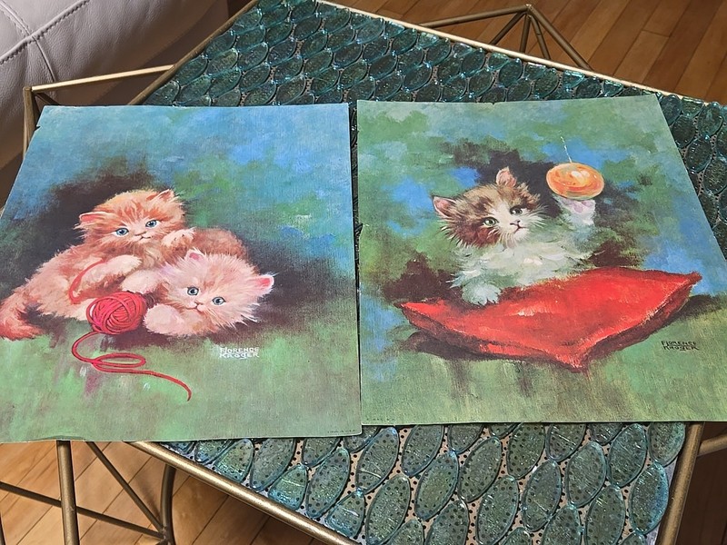 Vtg Mid Century Fluffy Kittens Art Print Litho Florence Kroger 14 X 11 Set Of 2