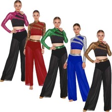Women Outfit Praise Dancewear Chiffon Costumes Rhinestones Dance Ruffles Gold
