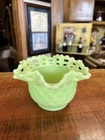 Vintage Fenton Uranium Custard Glass Weave Pattern Basket