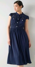 BNWT LK BENNETT NAVY BLUE CUTWORK FLORAL MIDI DRESS PEARL BUTTONS UK 14/ US 10