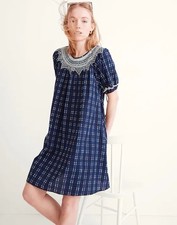 NWT Madewell Embroidered Puff-Sleeve Babydoll Dress in Indigo Plaid Size S