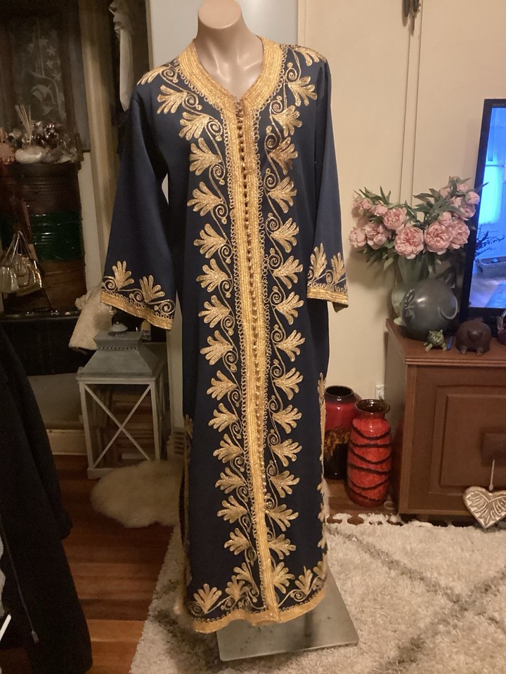 Hippie Boho Kaftan Style Maxi Dress Dark Grey Gold Appliqué Detail 