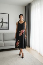 Robbie Bee SZ 12 Vintage 100% Silk Black Floral Beaded Mide Sleveless Dress