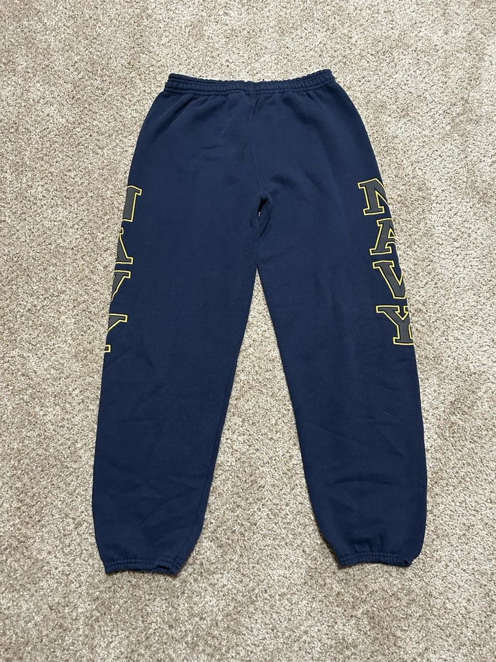 90s US Navy Issued Sweatpants Mens Medium Blue Yellow Spellout Logo USA - Image 2 of 4