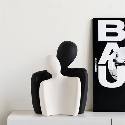 Ceramic Couple Statues Black White, Abstract Hugging Figurines Shelf Decor