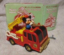 Masudaya Vintage Wind Up Toy Mickey Mouse Fire Engine Ladder Truck 1984 with Box