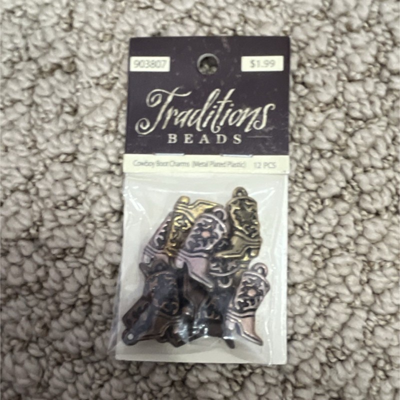 Traditions Charm Set Metal Plated Plastic Gold Silver Cowboy Boot 12 PCS