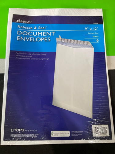 Ampad Release & Seal Document Envelopes 9x12 Privacy Tint Pack of 6 White