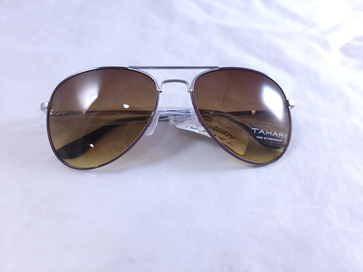 Tahari Aviator Sunglasses Brown Gray Frame Brown Olive Tinted Lens TM113  MSVBR