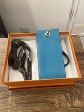 Hermes Vespa Negonda Teal Blue Leather Cigarette Case Multi Pouch, W Strap + Box