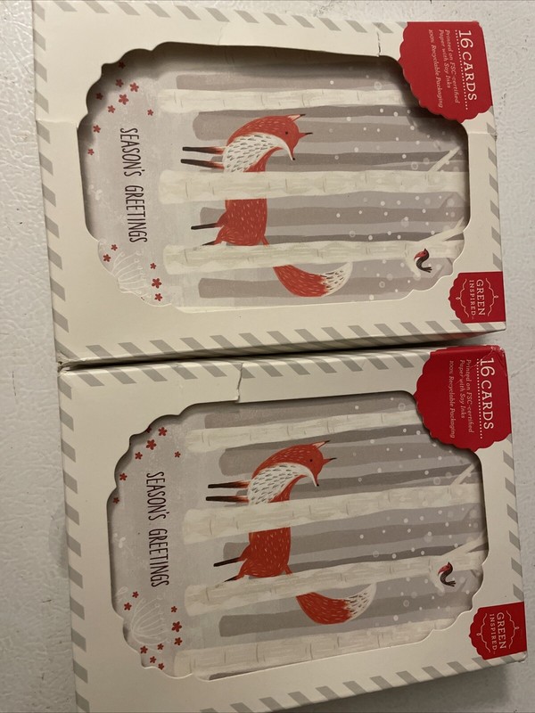 32 Holiday Greeting Cards Fox & Birds Christmas Green Inspired
