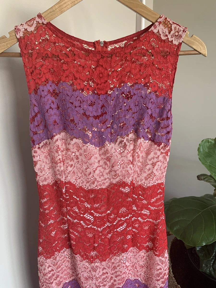 PAPER DOLLS Midi Cocktail Dress Red Purple Pink Lace Block Colour
