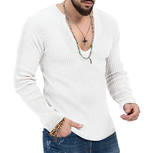 Men Long Sleeve V Neck Top Ribbed Knit T-Shirt Casual Slim Muscle Tee Blouse UK - Picture 13 of 42