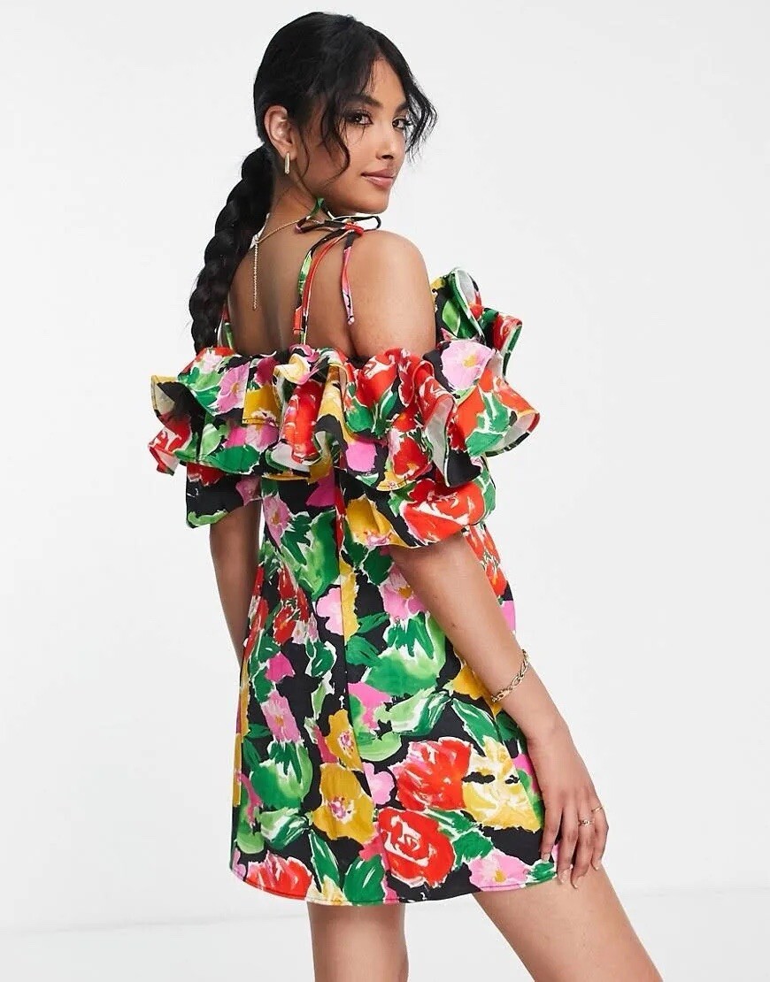Topshop Cotton Blend Bold Floral Ruffle Off Shoulder Bardot Mini