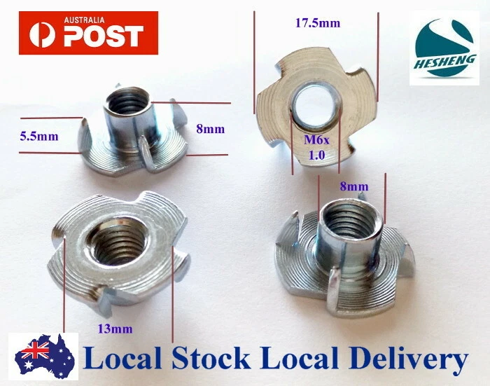 HESHENG Qty 20 M6 6mm Zinc Plated Steel 4 Prong T Nut Tee Blind Timber Wood Insert Nuts