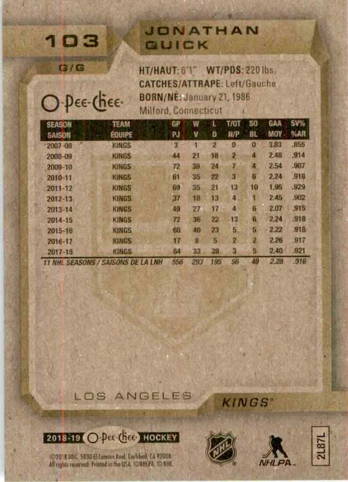 2018-19 O-Pee-Chee Jonathan Quick #103 - Image 2 of 2