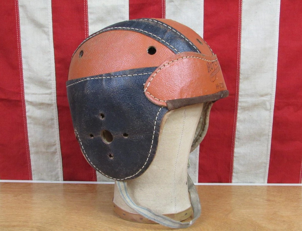 Vintage 1940s Hutch Leather Football Helmet Orange/Blue H-28 Model