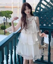 Sweet Girls Princess A-Line Dress Bow Ruffles Mesh Japanese Summer Cute Dress