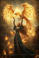 WOMAN AND PHOENIX ART PRINT, Witchy Lady Poster, Gothic Fire Bird Decor F368