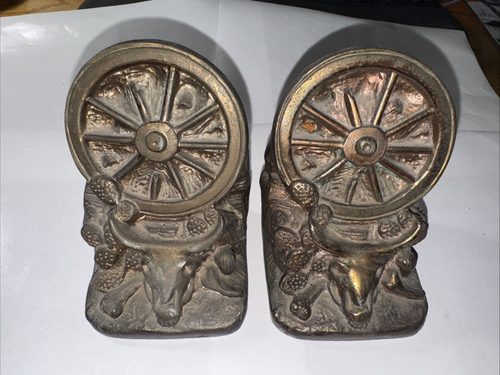 Western-Themed Cast Dodge WAGON WHEEL Bookends (May Be Brass) Get Rolling…RS - Picture 3 of 23