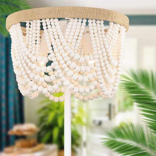 Bohemia Holz Perlen Boho Stehlampe 3-flammig weiß Stehlampe für Schlafzimmer - Bild 7 von 7