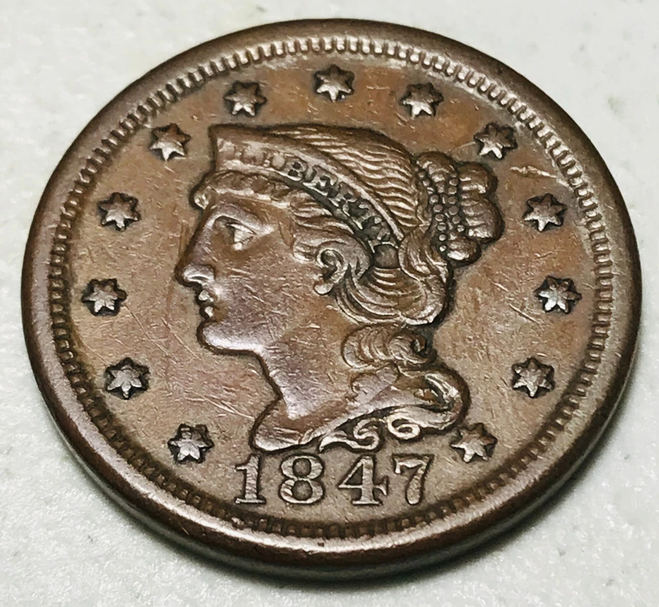 Moeda de cobre 1847 centavo grande cabelo trançado de matrona 1C escolha não classificada EUA CC25181 - Imagem 4 de 4