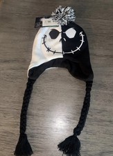 NWT Nightmare Before Christmas OS Jack Skellington Black White Ear Flaps Beanie